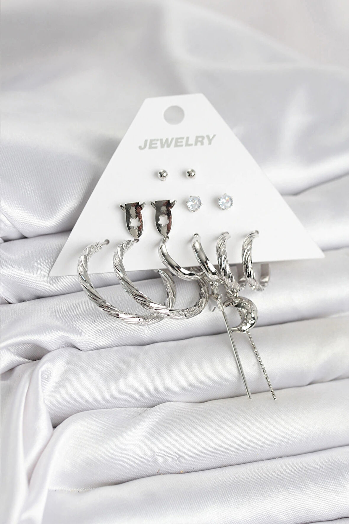 HEYF Gümüş Renk Pirinç 6'lı Kadın Küpe Seti