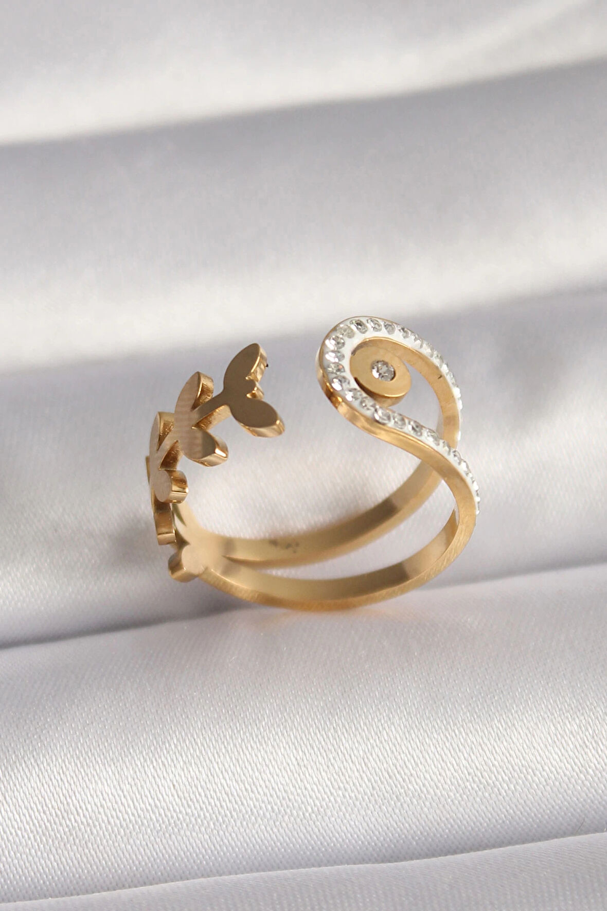 HEYF 316L Çelik Gold Renk Zirkon Taşlı Yaprak Model Kadın Yüzük