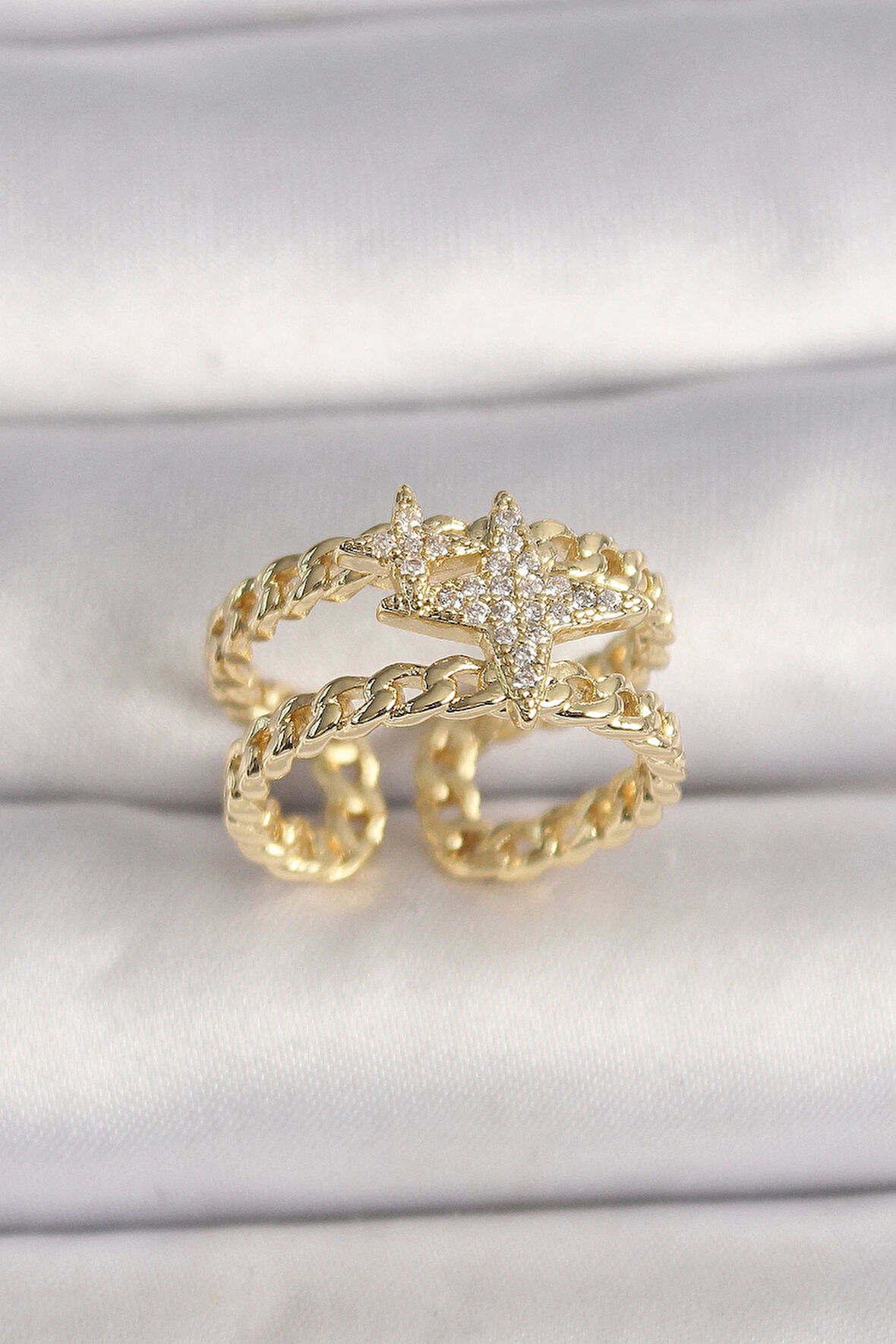 HEYF Pirinç Gold Renk 2'Li Zincir Zirkon Taşlı Yıldız Figür Kadın Yüzük