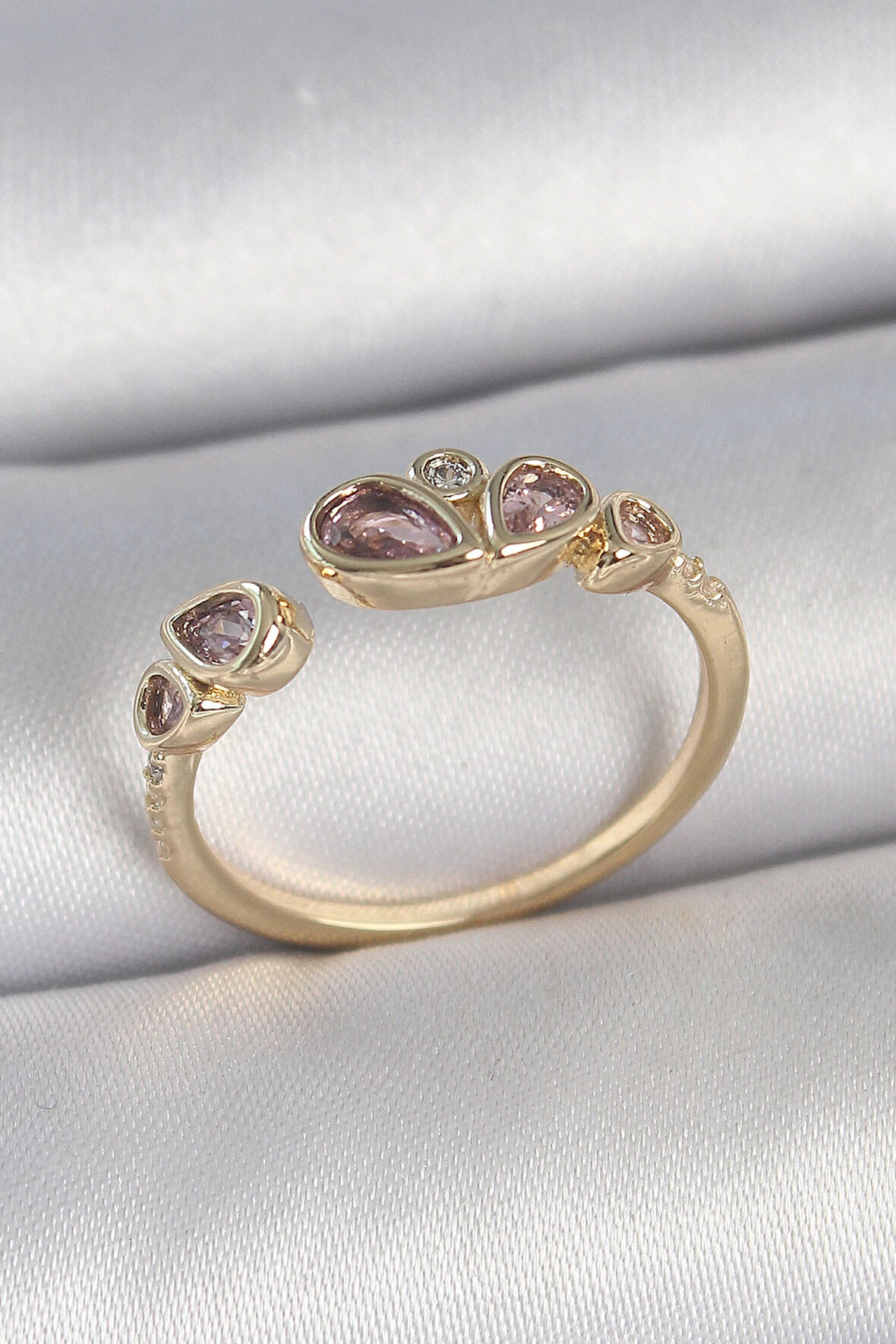 HEYF Pirinç Gold Renk Pembe Damla Zirkon Taşlı Ayarlanabilir Kadın Yüzük