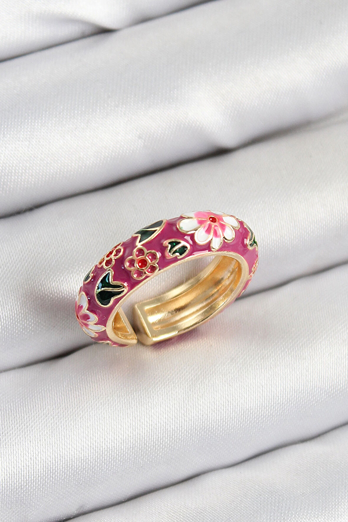 HEYF Pirinç Fuşya Mineli Çiçek Motifli Gold Renk Ayarlanabilir Kadın Yüzük