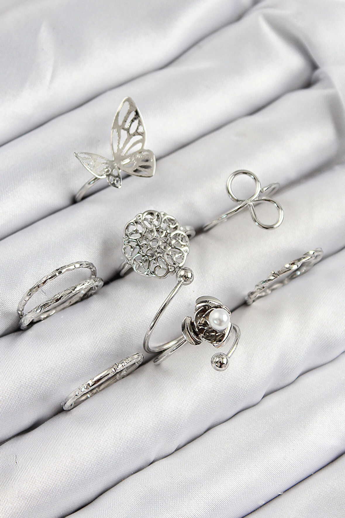 HEYF Pirinç Gül Kelebek Model Gümüş Renk Kadın Yüzük Kombin Set