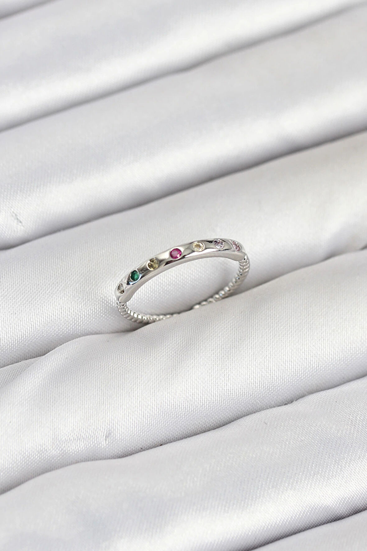 HEYF Pirinç Gümüş Renk Renkli Zirkon Taşlı Kadın Yüzük