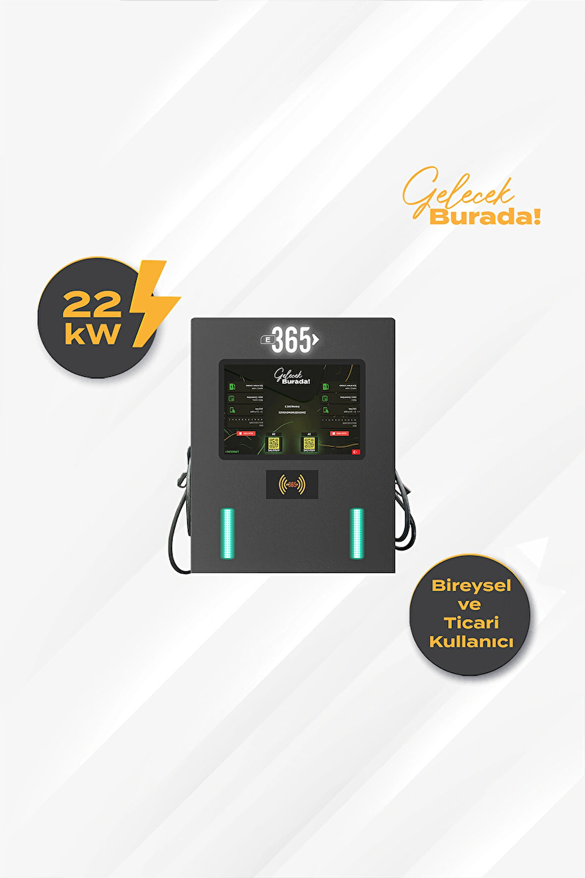 E 365 AC Duvar Tip 10 İnç Ekranlı MID Sayaçlı Çift Kablolu RFID 22kW Şarj İstasyonu