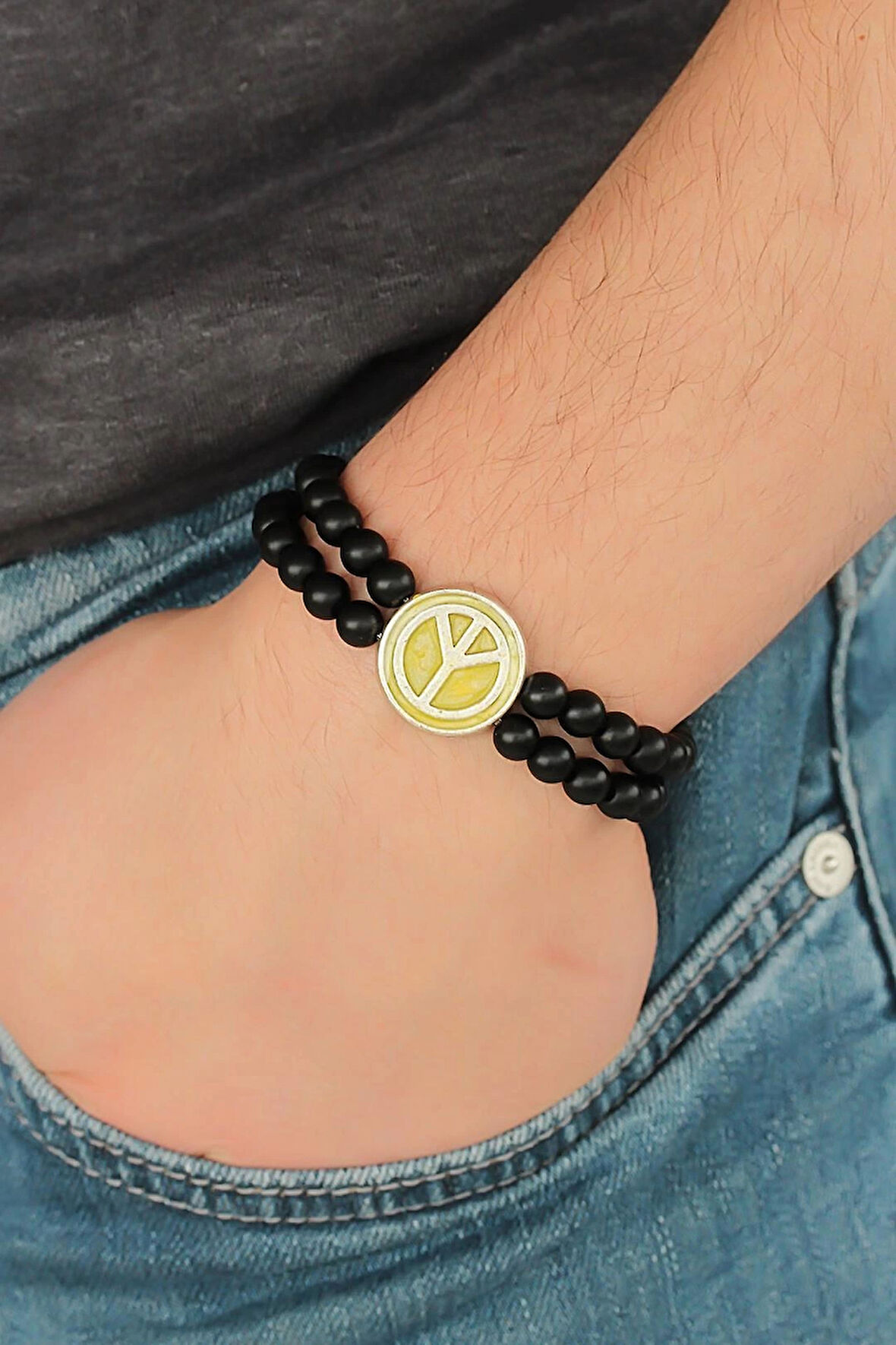 HEYF Sarı Metal Barış Simgesi Tasarımlı Siyah Renk Mat Oniks Doğal Taş Erkek Bileklik