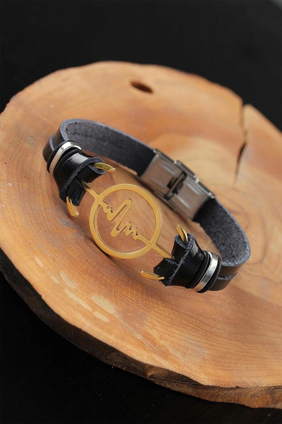 HEYF Gold Renk Metal Nabız Tasarım Siyah Renk Deri Erkek Bileklik