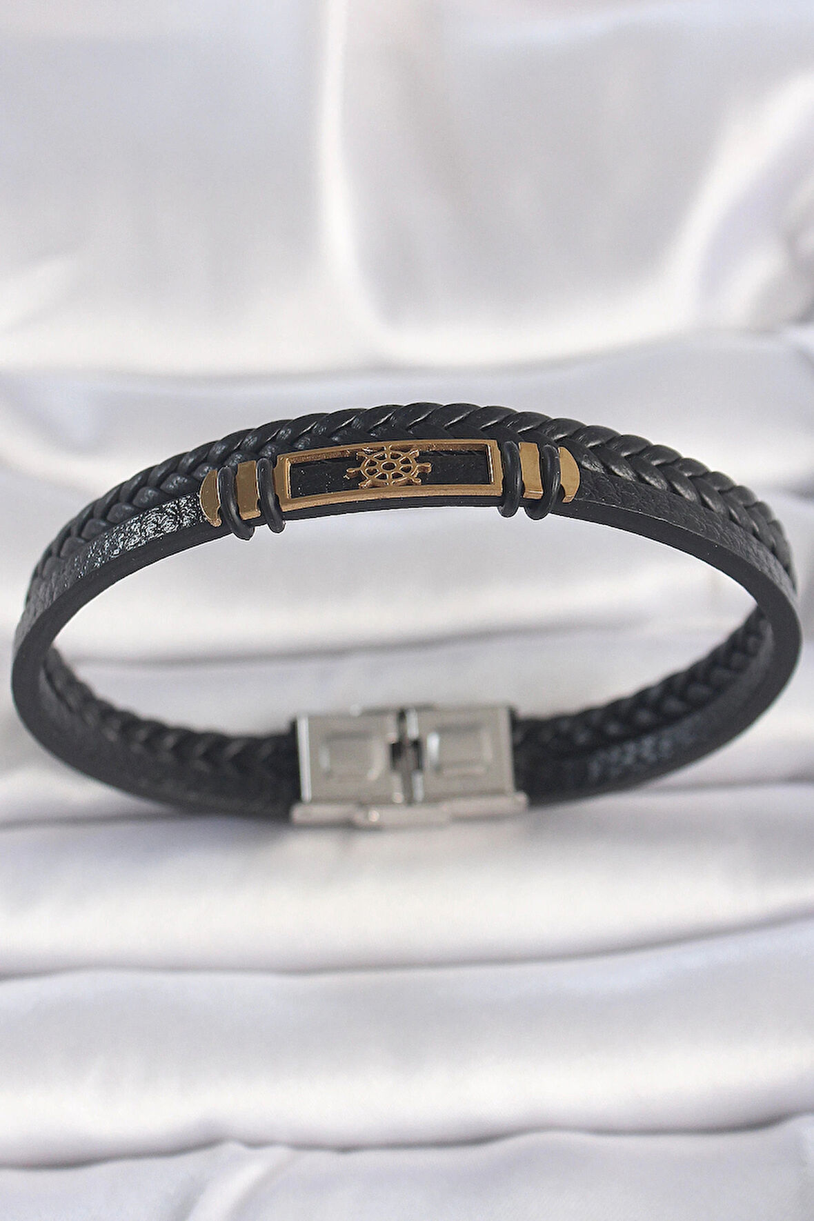 HEYF 316L Çelik Gold Renk Gemi Dümeni Aksesuarlı Çift Sıra Burgu Desenli Deri Kordon Erkek Bileklik