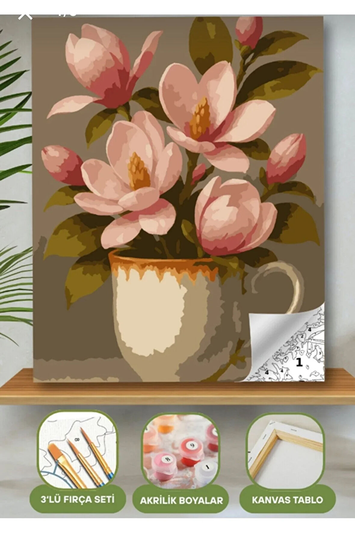 Sayılarla Boyama Seti 40x50 Cm (Çıtalı) Fırça Boya Dahil Numaralı Tuval Fincan Pembe Lale