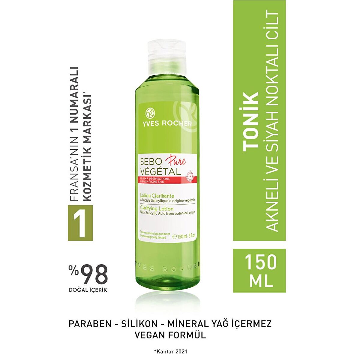 Yves Rocher Sebo Pure Vegetal - Kızarıklıklarını Gözenekleri Arındıran Matlaştırıcı Tonik-150 ml