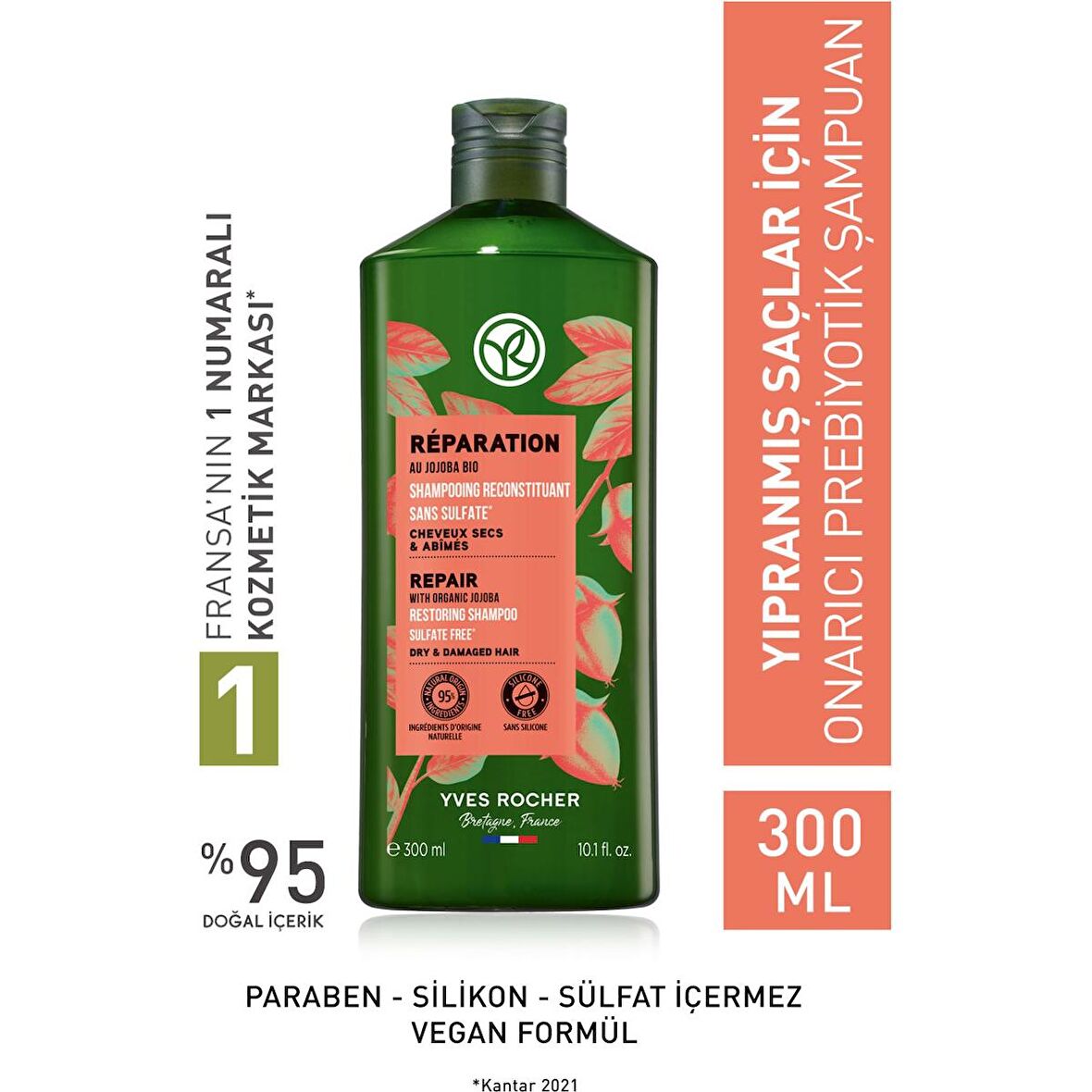 Yves Rocher Yıpranmış Saçlar İçin (Reparation) Onarıcı Prebiyotik Şampuan - Sülfatsız & Tuzsuz & Vegan-300 ml 45491