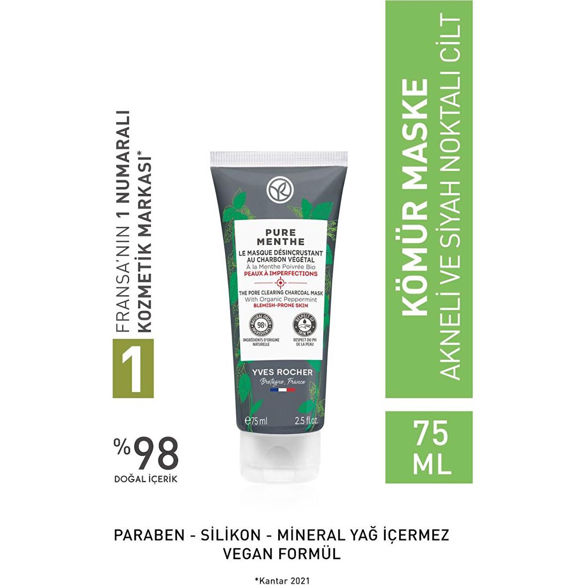 Yves Rocher Karma, Yağlı Ve Akneye Eğilimli Ciltler Için Pure Menthe Kömür Maske-75 ml 97082