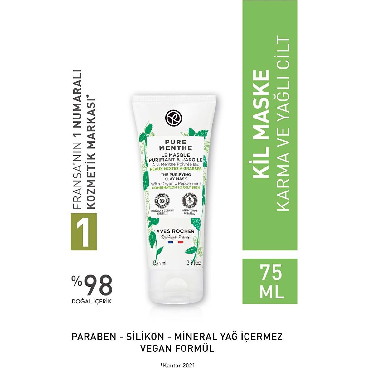 Yves Rocher Karma Ve Yağlı Ciltler Için Pure Menthe Kil Maske-75 ml 97189