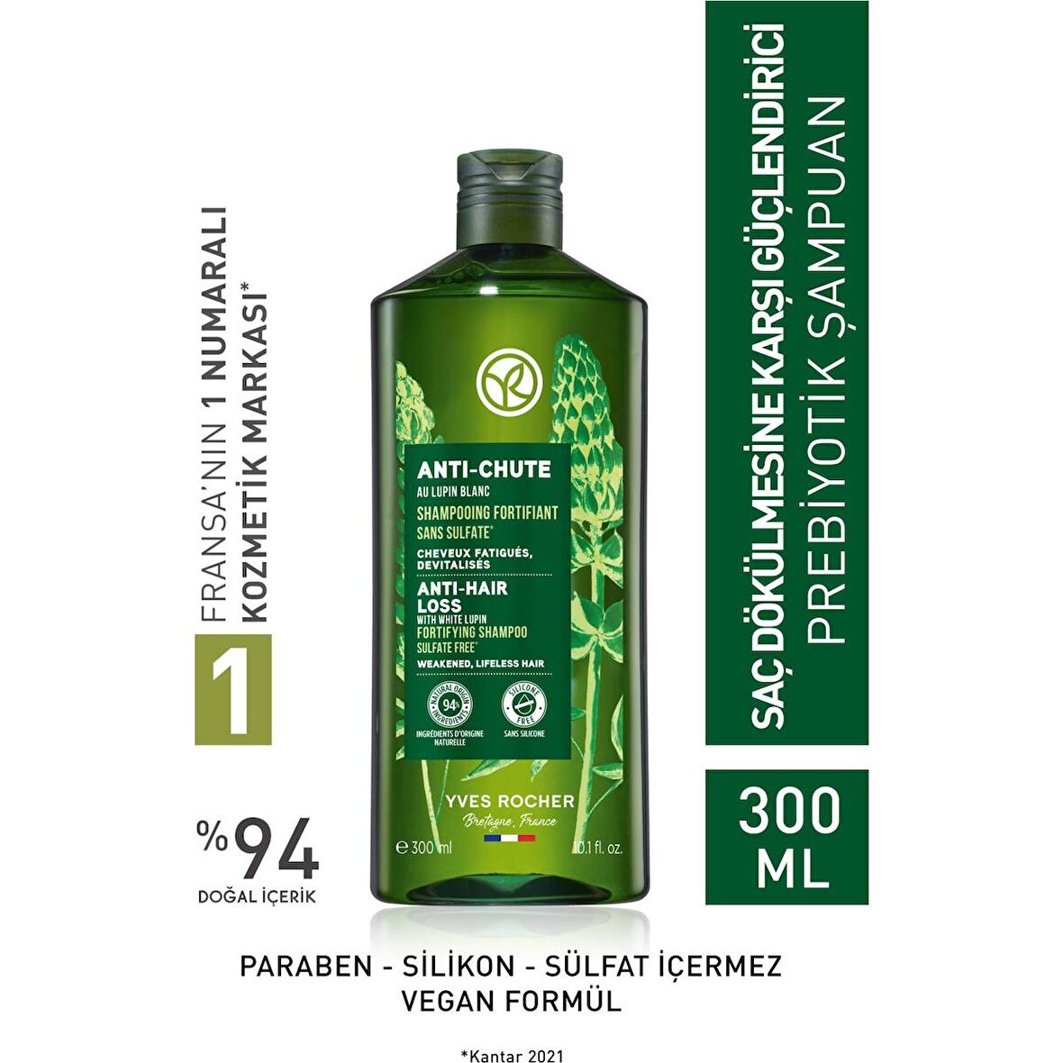 Yves Rocher Saç Dökülmesine Karşı (anti-chute) Güçlendirici Prebiyotik Şampuan - Sülfatsız & Vegan-300 Ml