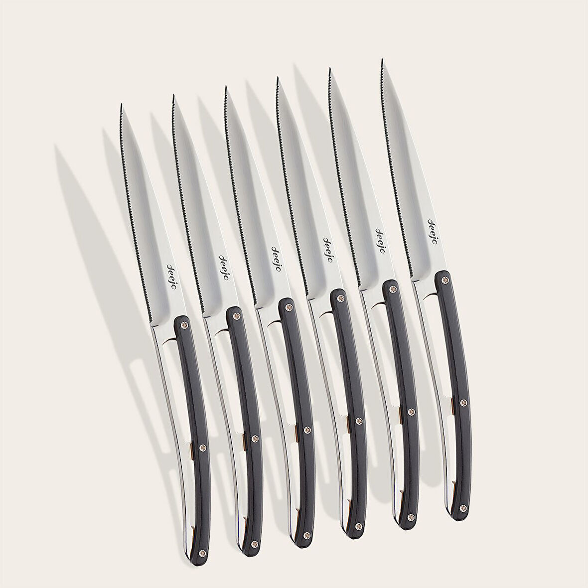 6 Deejo Steak Knives Serrated, Ebony Wood