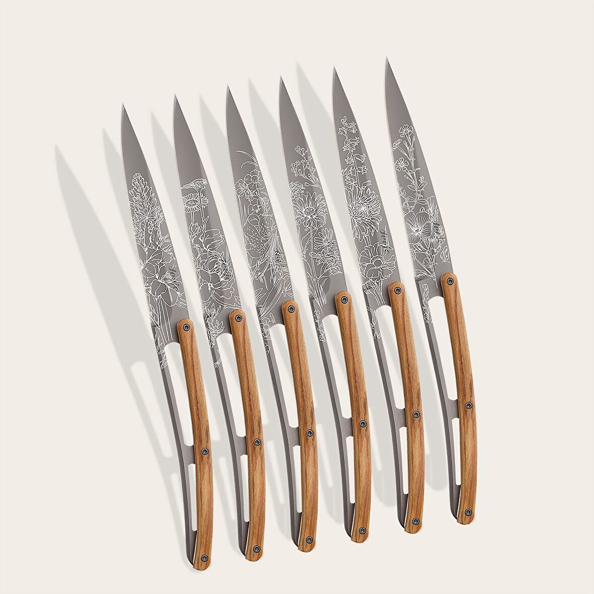 6 Deejo Steak Knives, Olive Wood / Blossom