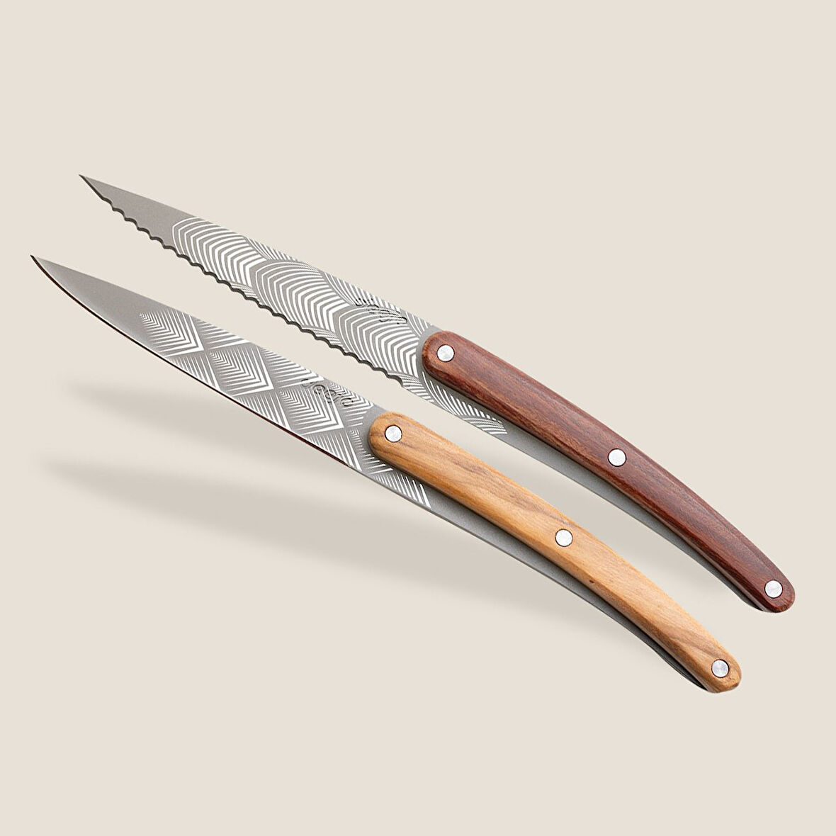 2 Deejo Paring Knives, Olive and Coral Wood / Art Deco