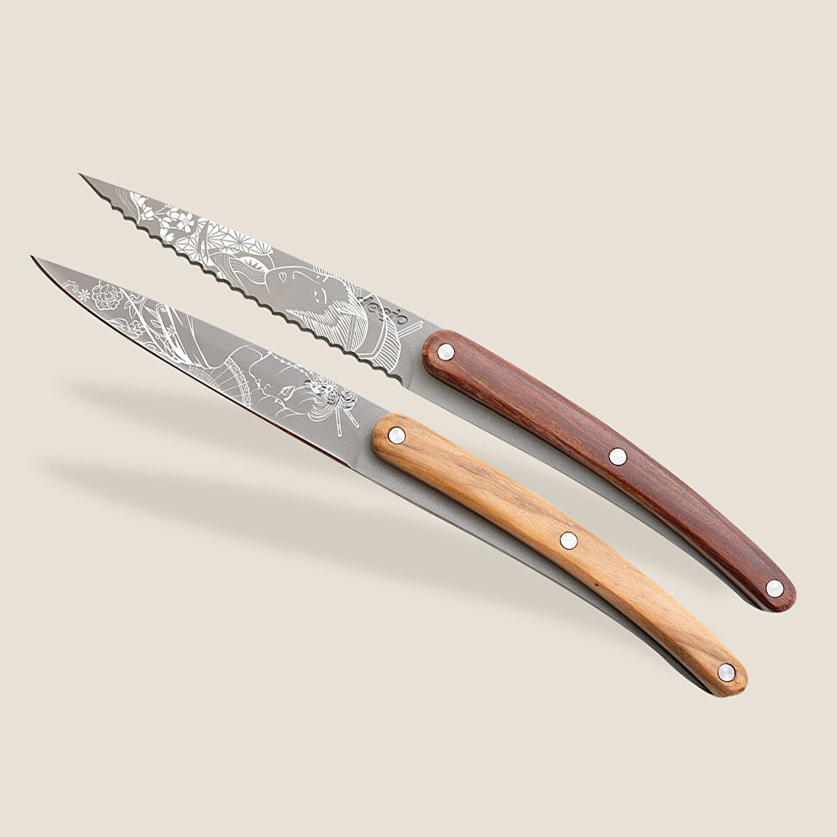 2 Deejo Paring Knives, Olive and Coral Wood / Japonese