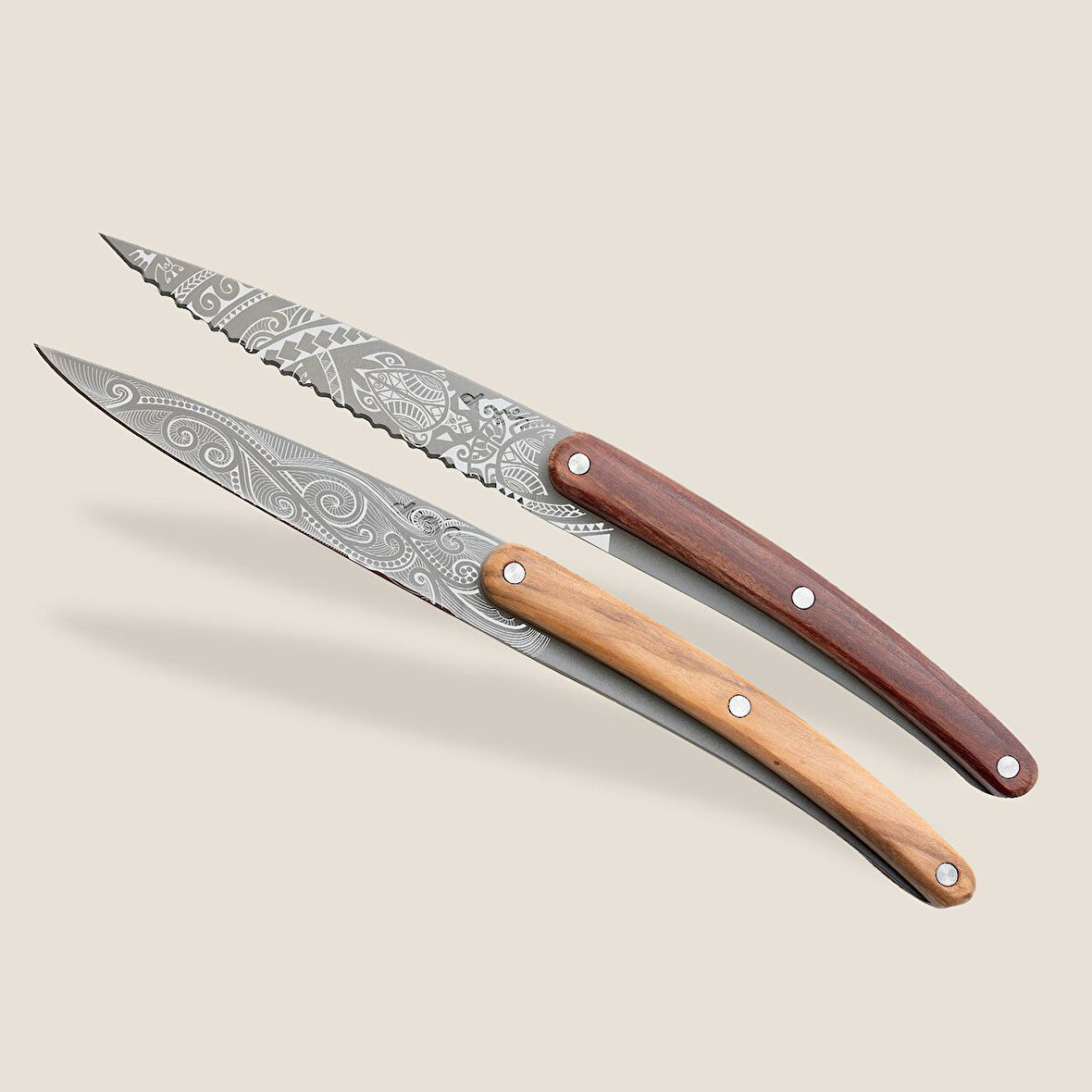 2 Deejo Paring Knives, Olive and Coral Wood / Polynesian and Pacific