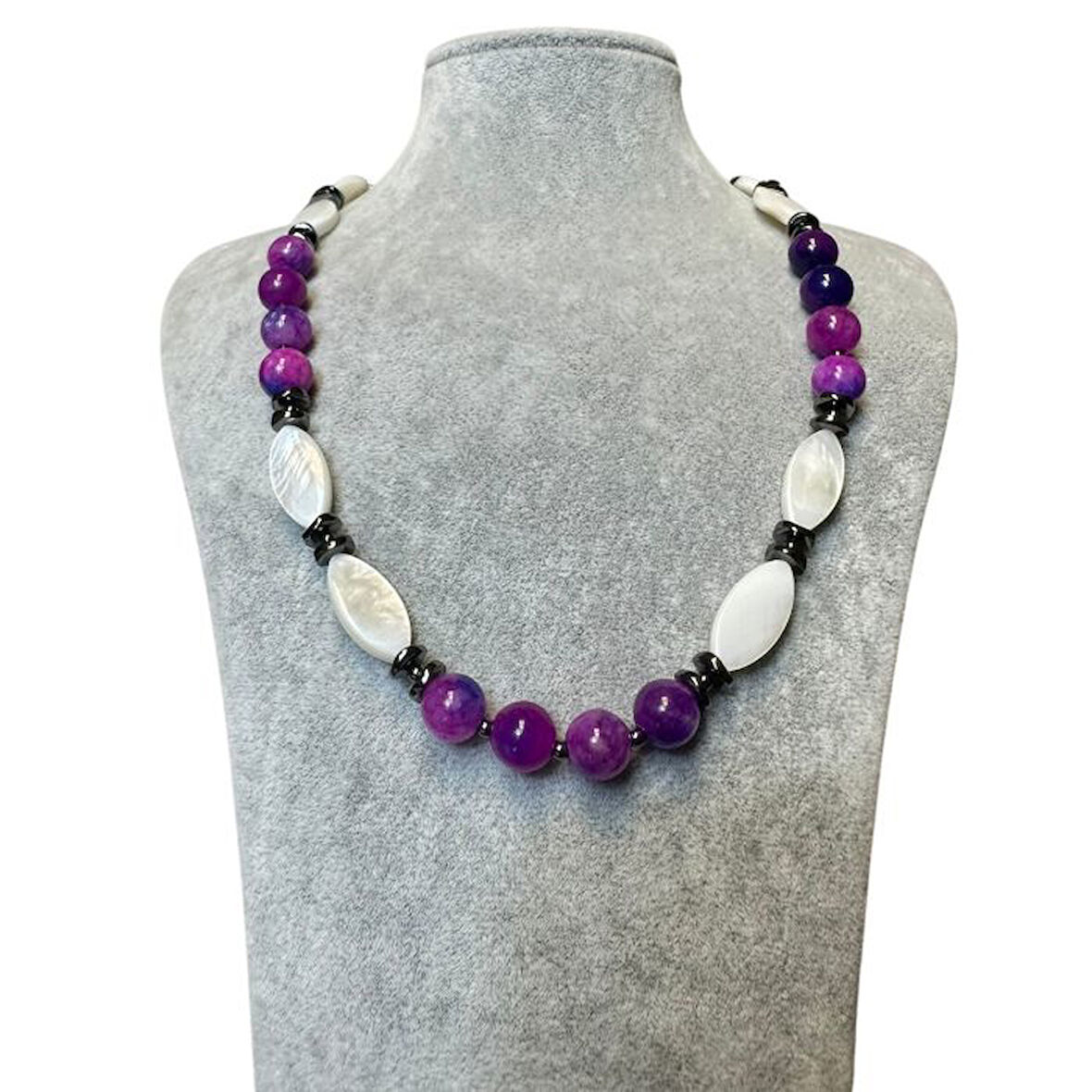 Uretti - Özlem 9422 2455 El Yapımı Mor Akik ve Sedef Doğal Taş Kolye