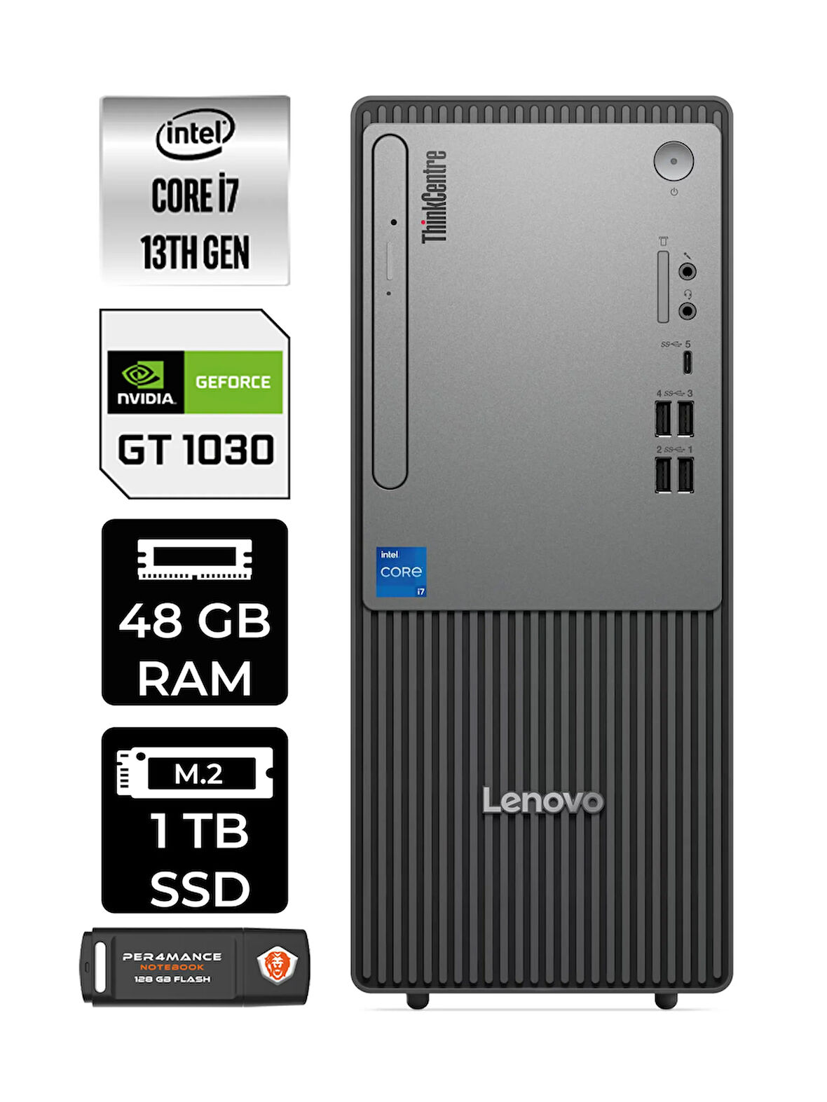Lenovo ThinkCentre Neo 50T G5 i7 13700 48GB 1TB SSD GT1030/4GB FDOS Masaüstü Bilgisayar &PER4 USB