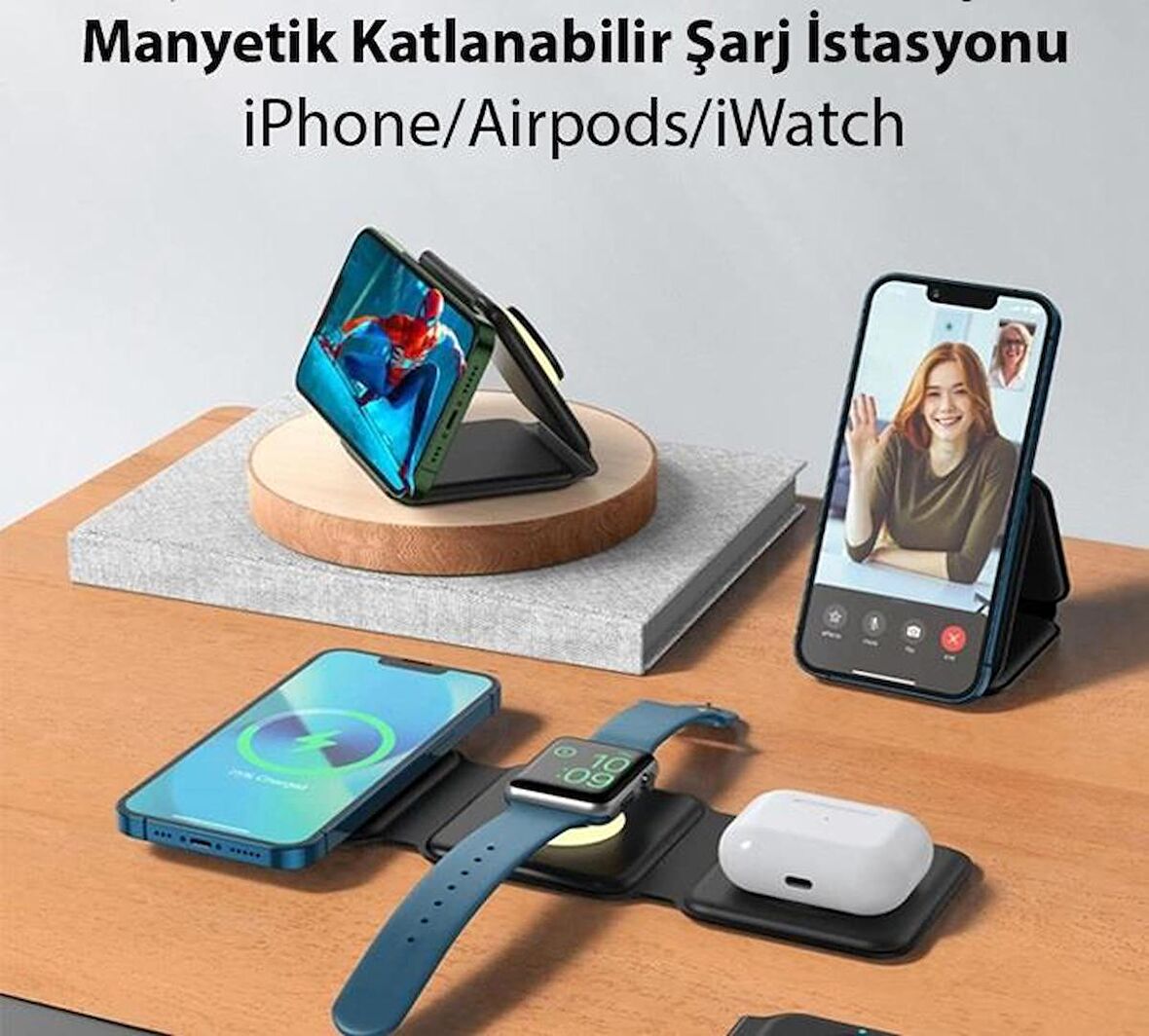 Coofbe 15W Katlanabilir 3in1 Masaüstü Şarj Standı Kablosuz Şarj Standı Telefon Kulaklık Saat Şarj Standı