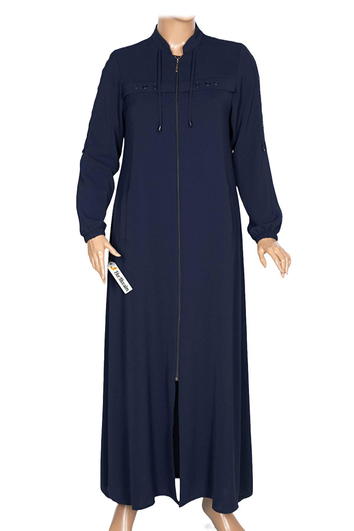 Hesna Kadın Selvi Dokuma Krep Kuş Gözü Aksesuarlı Lacivert Ferace