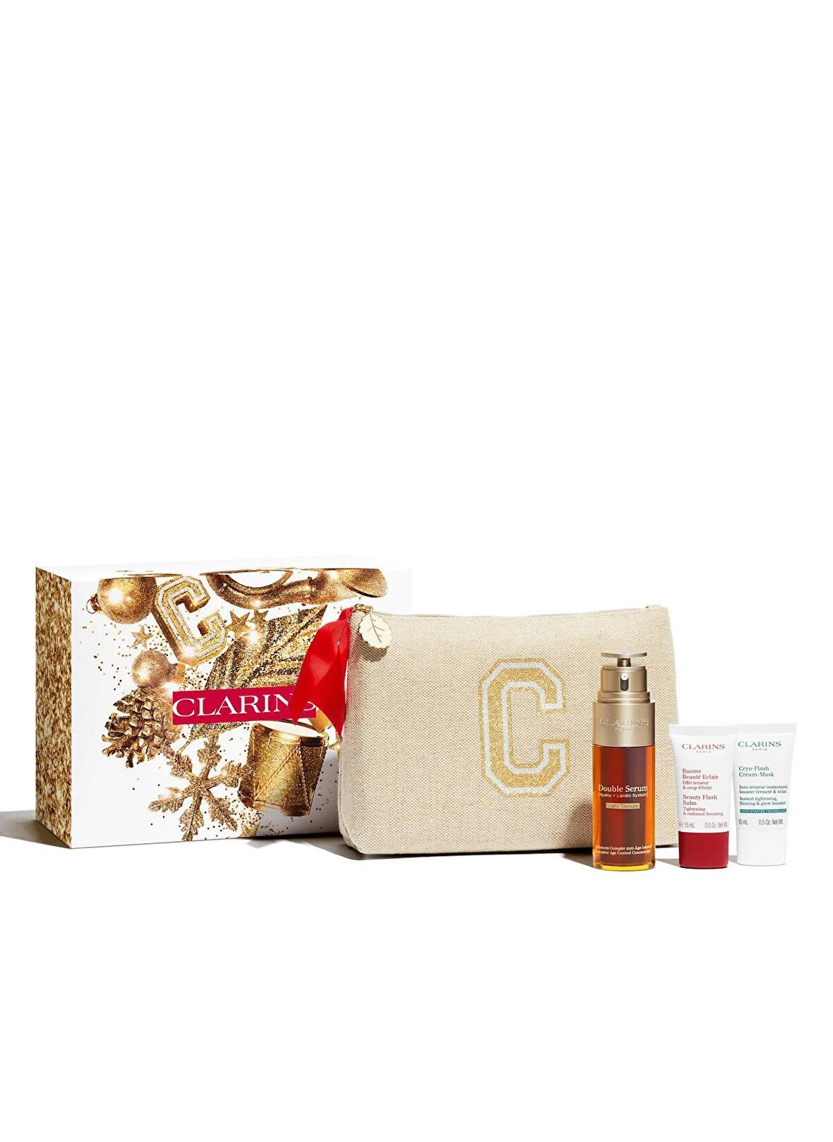 Clarins Double Serum Light Texture 50 ml + Beauty Flash Balm 15 ml + Cryo Flash Cream Mask 15 ml + Toiletry Bag Cilt Bakım Seti