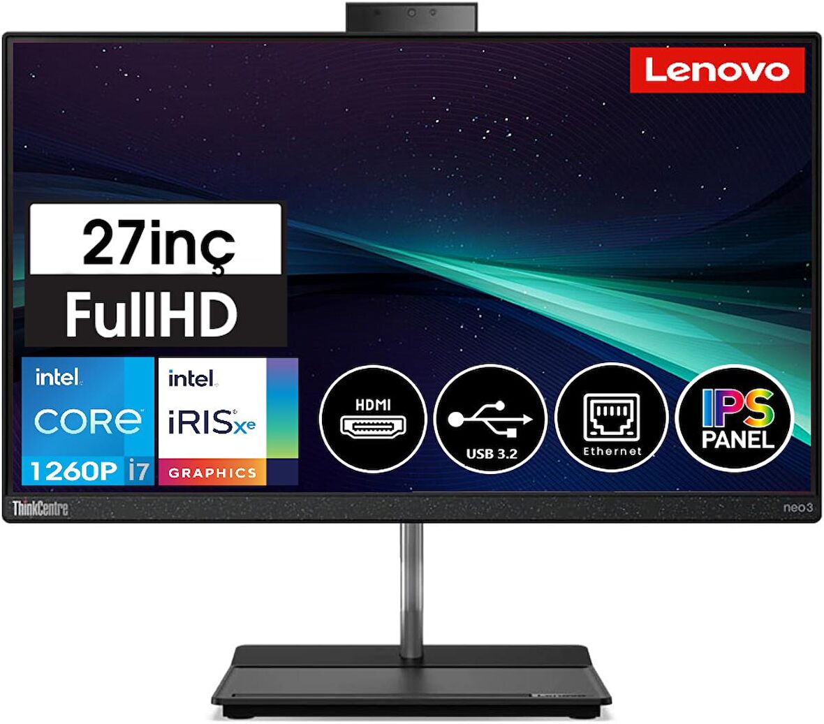 Lenovo ThinkCentre Neo 30A 12CB001YTX41 Intel Core i7-1260P 32 GB Ram 256 GB SSD Iris Xe Graphics 27" Full HD All in One PC + Zetta Flash Bellek