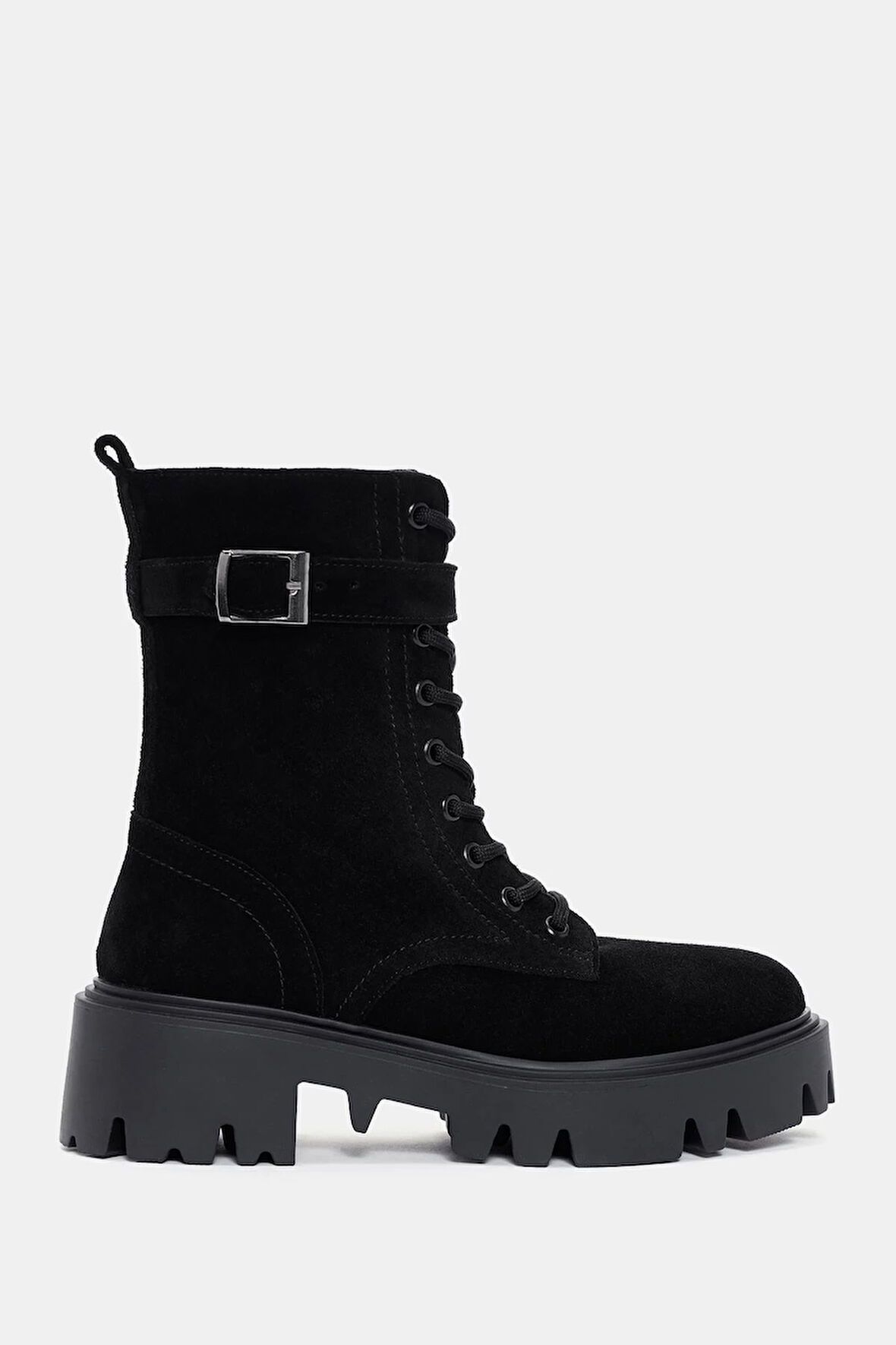 Bronk Kadın Siyah Gerçek Süet Deri Postal Kalın Tabanlı Bot