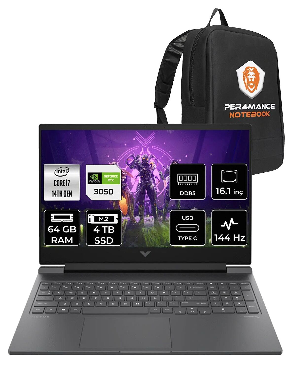 HP VİCTUS 16  i7-14700HX 64GB RAM 4TB SSD RTX3050/6GB 144Hz 16.1 FHD FDOS 9J288EA & PER4 ÇANTA