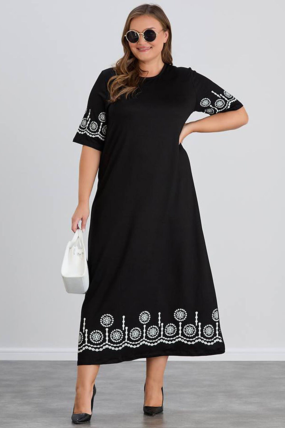 Wearon Kadın Aysar Kısa Kol Baskılı iki ip Boydan Siyah Elbise