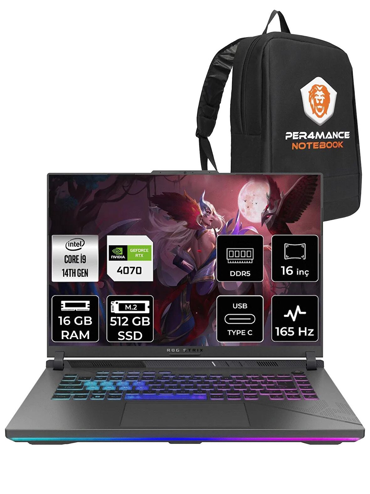 ASUS ROG Strix G16 i9-14900HX 16GB 512GB SSD RTX4070/8GB 165HZ 16" WUXGA FDOS N3088 & PER4 ÇANTA