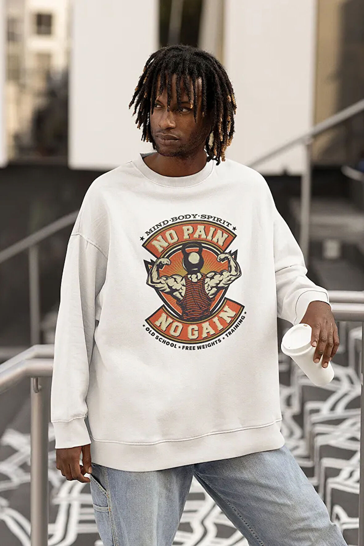 No Pain No Gain Baskılı Unisex Oversize Fitness Gym Vintage Sweatshirt