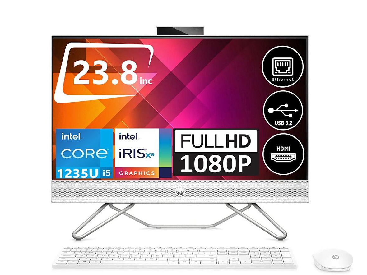 HP 236D384EA36 Intel Core i5-1235U 8 GB Ram 2 TB SSD Iris Xe Graphics 23.8" Full HD All in One PC + Zetta Flash Bellek