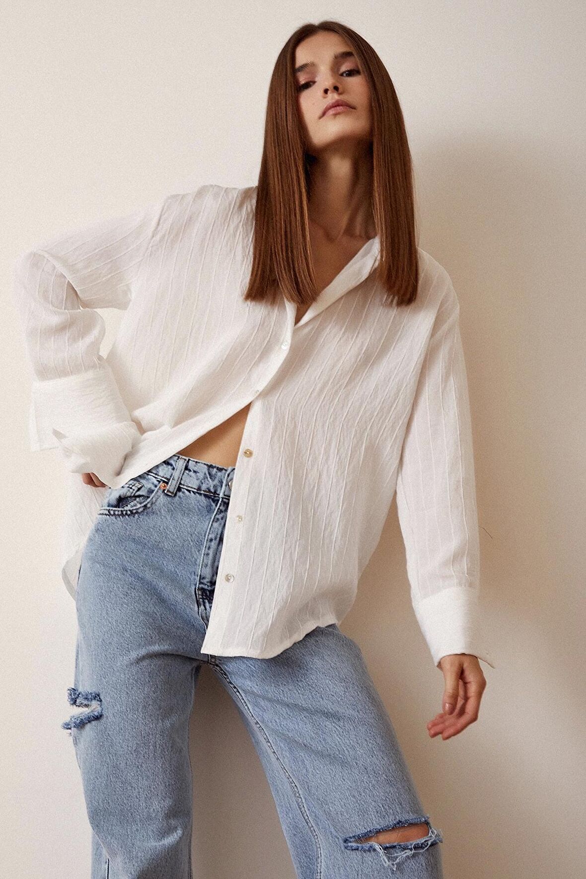 Çizgi Desenli Gömlek Beyaz