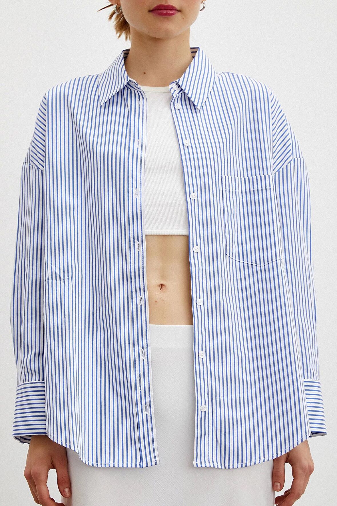 Çizgili Poplin Gömlek Mavi