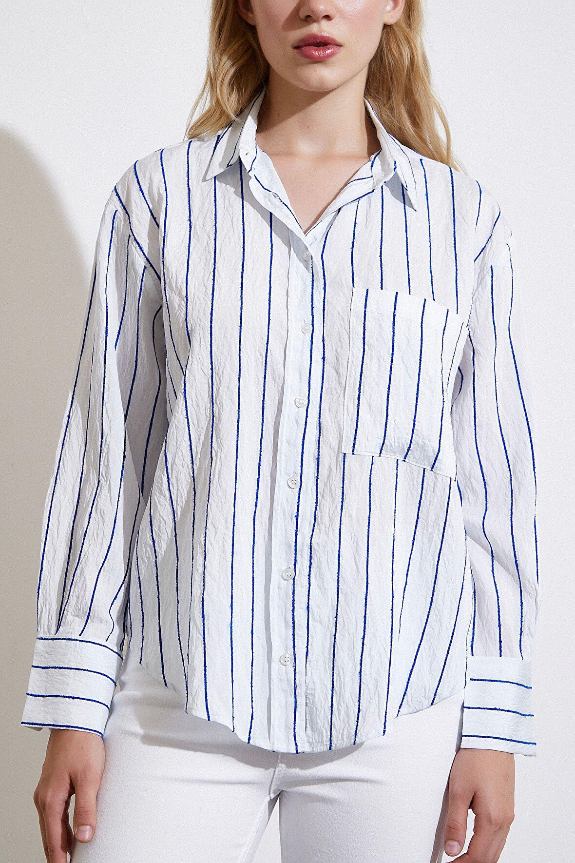 Çizgili Cepli Gömlek Lacivert