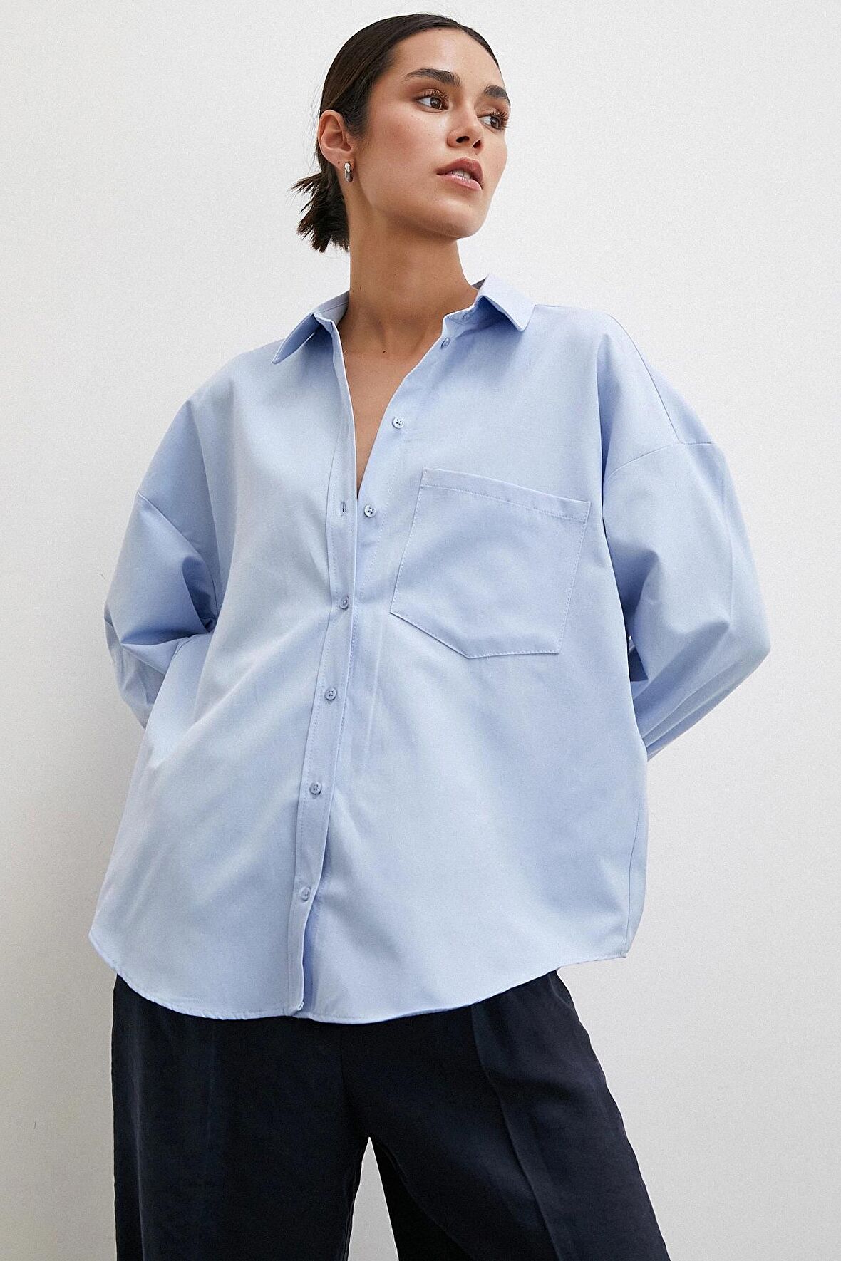 Puantiyeli Oversize Gömlek Mavi