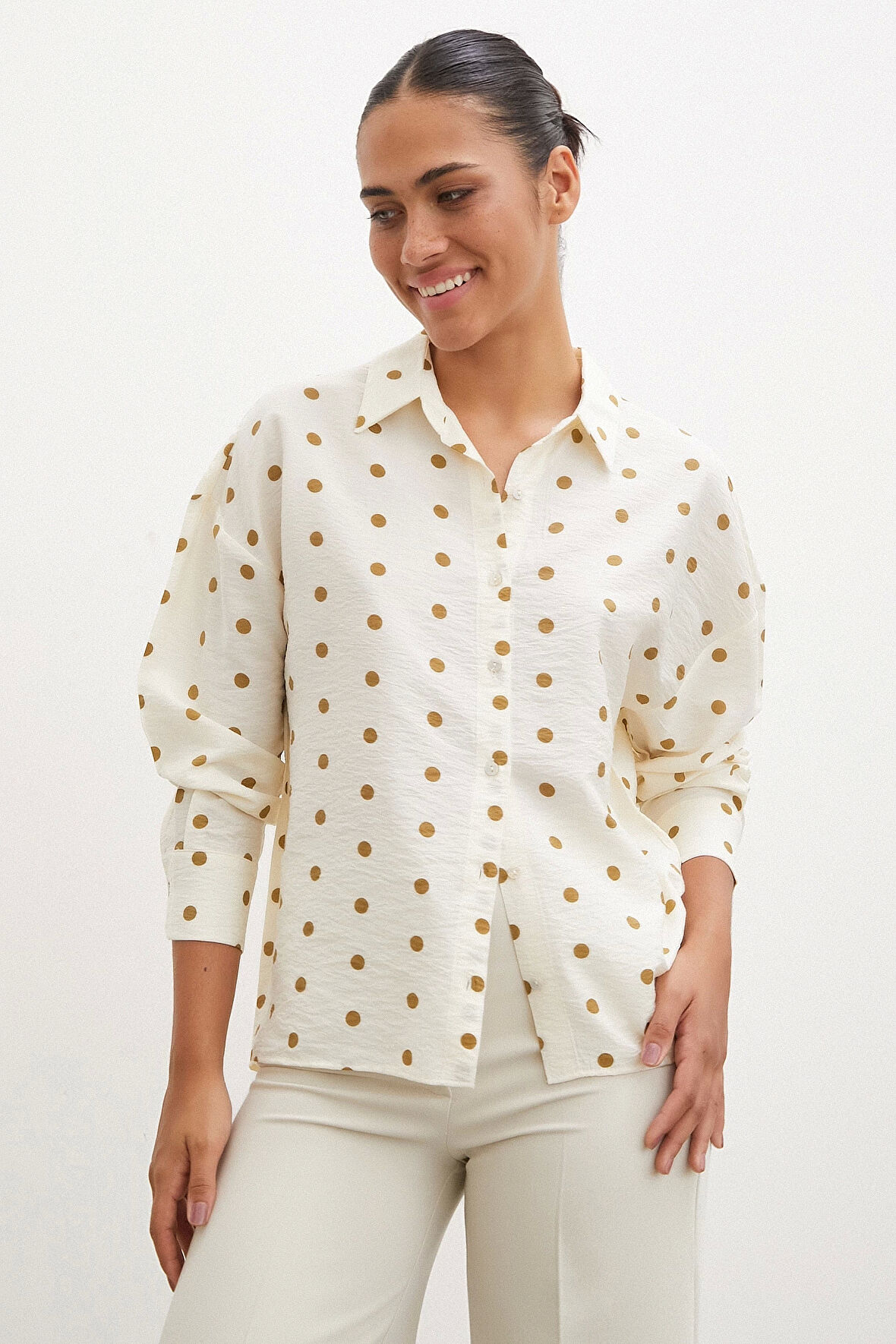 Puantiyeli Oversize Gömlek Kahve