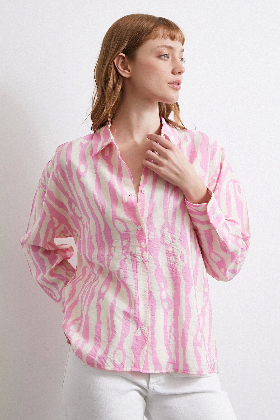 Zebra Desen Modal Gömlek Pembe