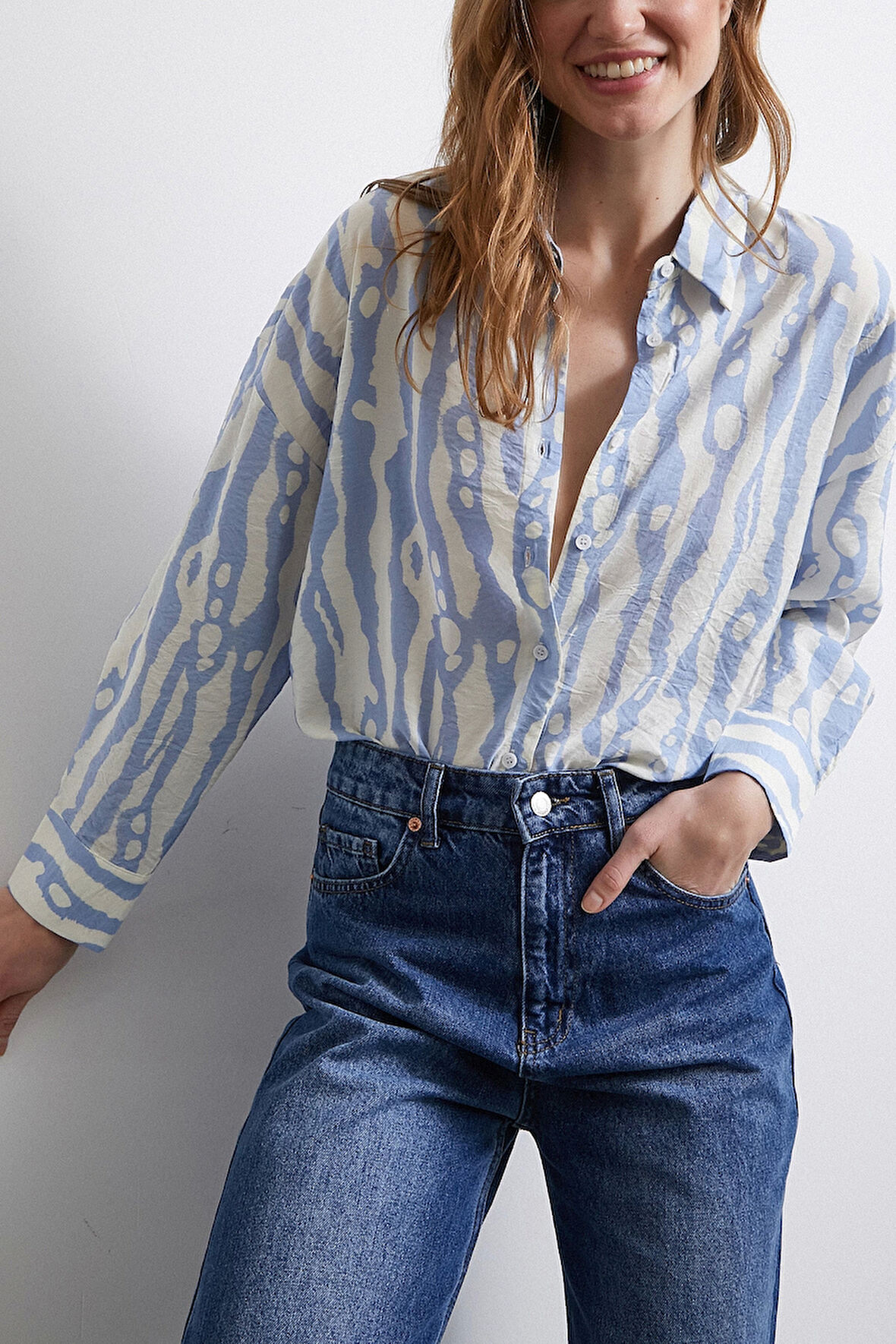 Zebra Desen Modal Gömlek Mavi