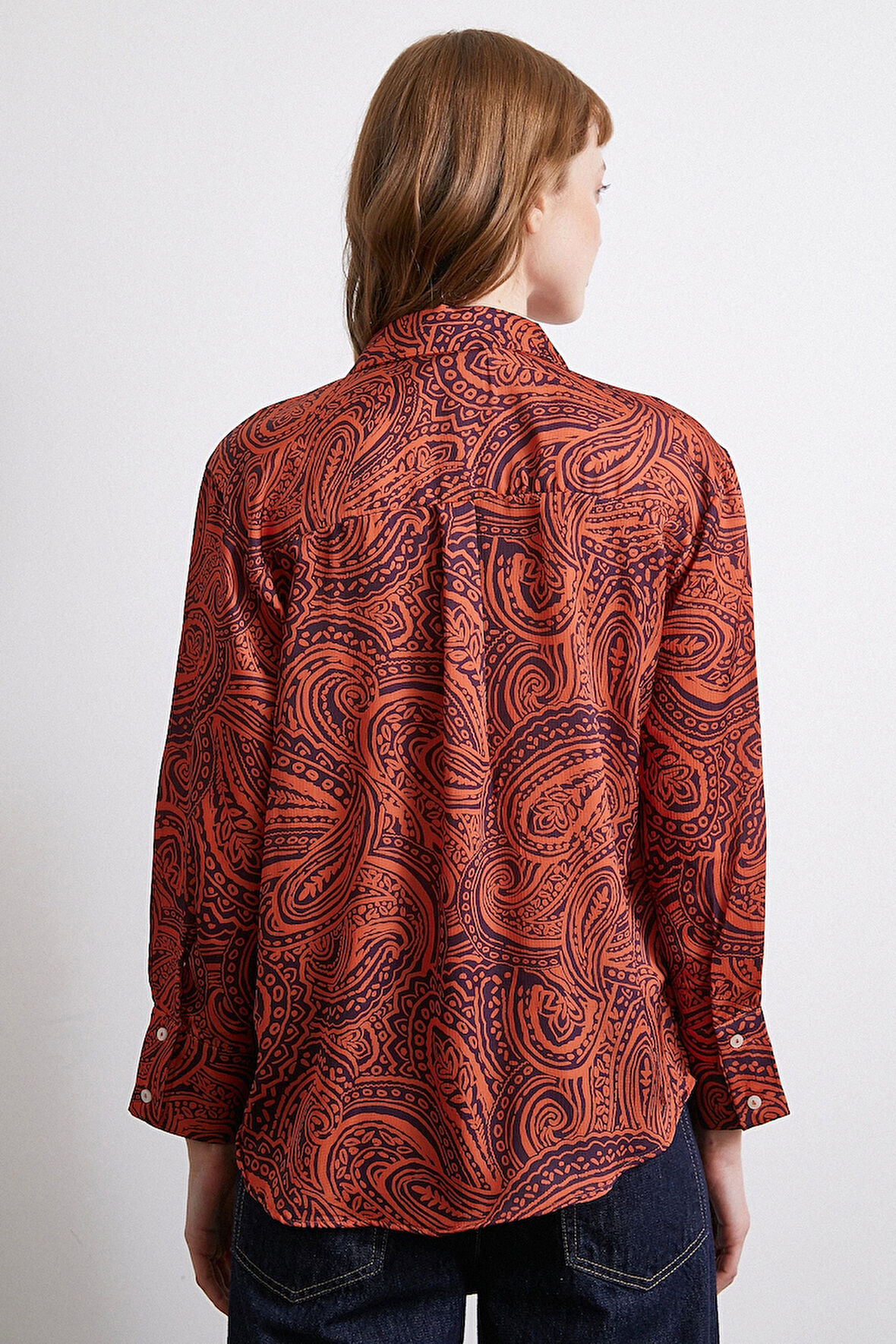 Desenli Gofret Saten Gömlek Turuncu