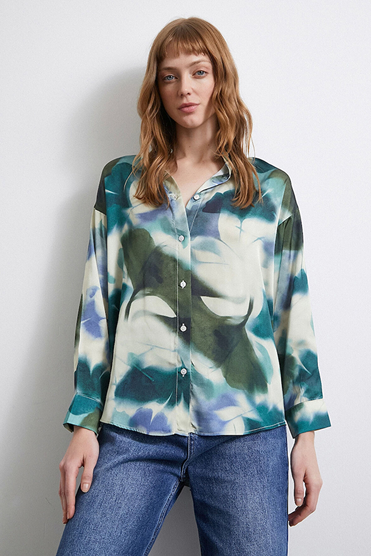 Batik Desen Saten Gömlek Petrol