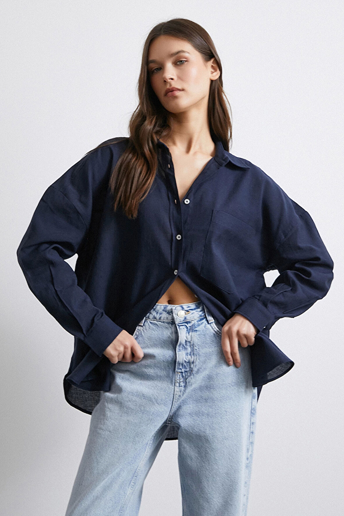 Cepli Oversize Keten Gömlek Lacivert