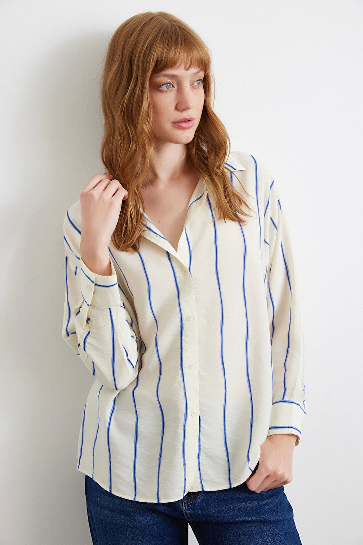 Çizgili Modal Gömlek Saks