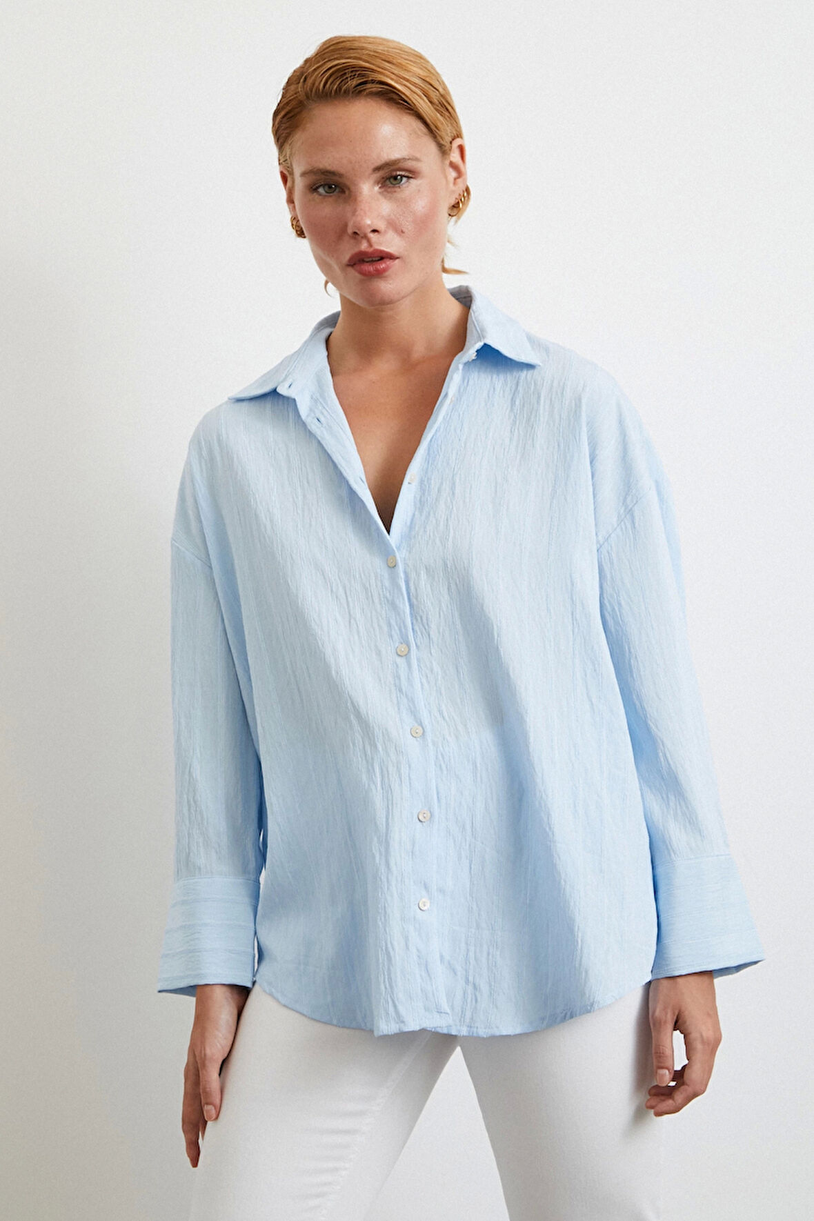 Kabartma Çizgili Oversize Gömlek Mavi