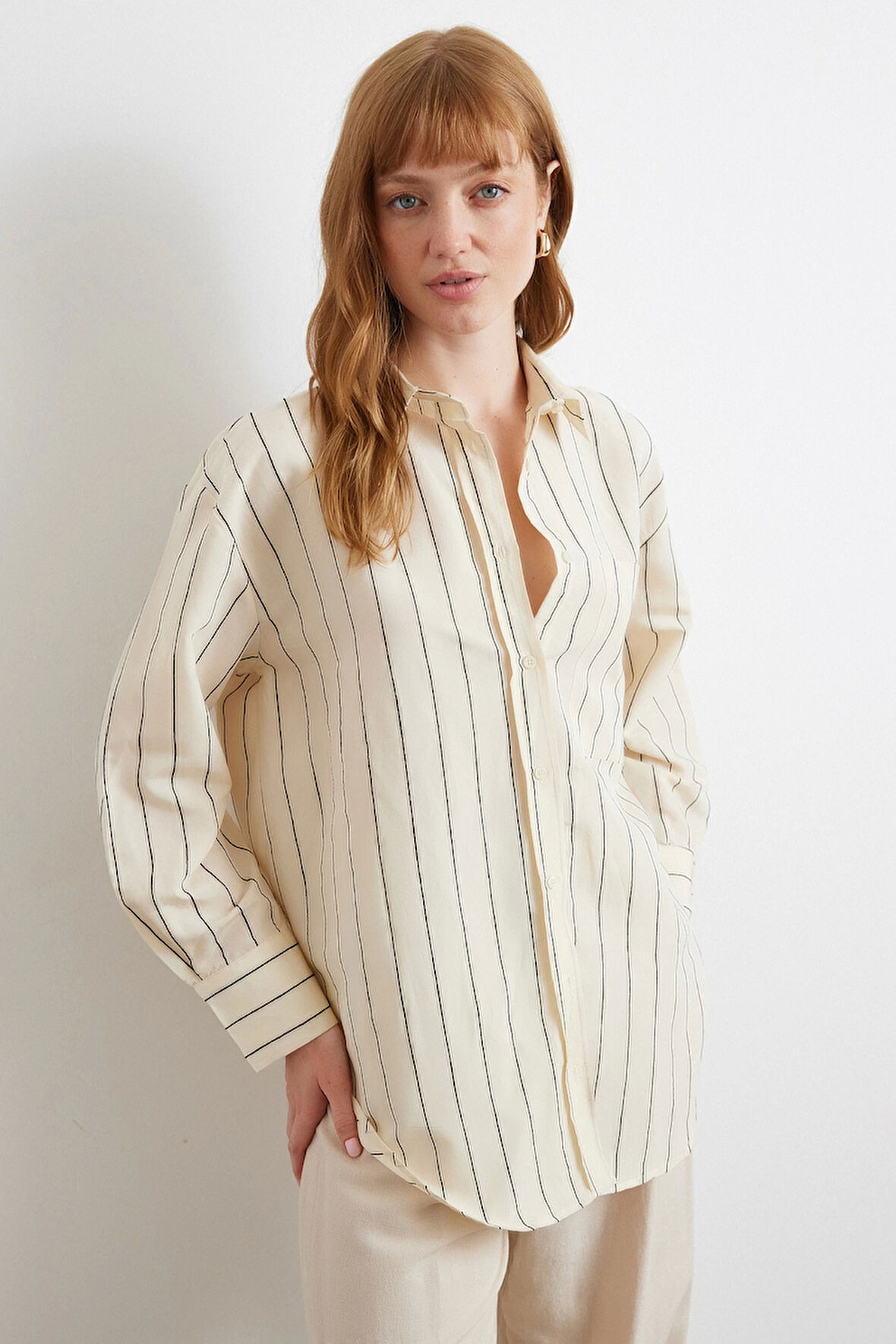 Kontrast Çizgili Modal Gömlek Siyah