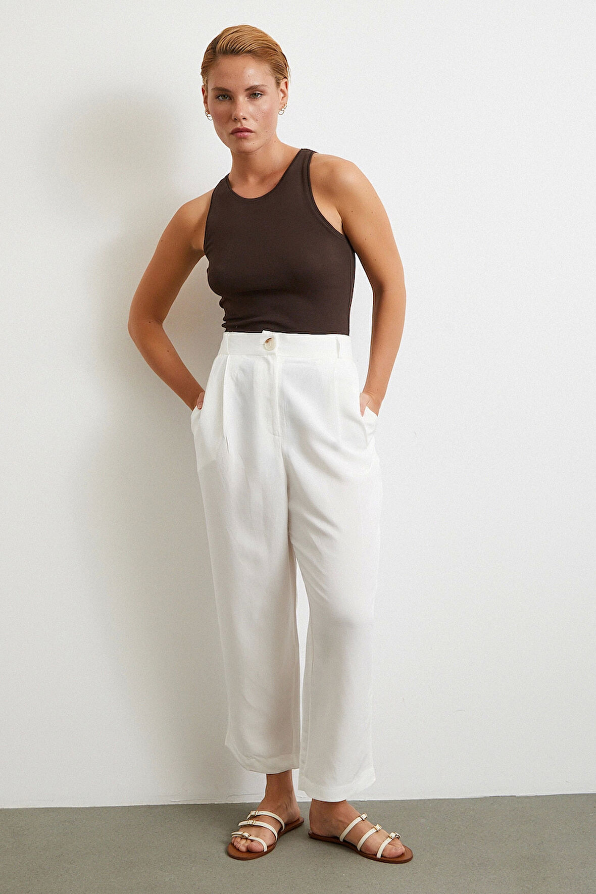 Çift Pileli Keten Pantolon Krem