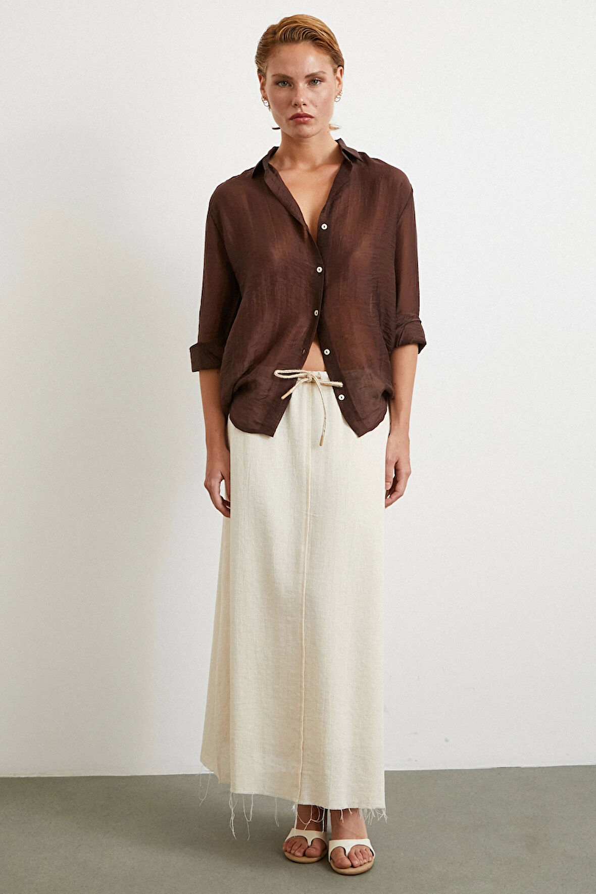 Beli Lastikli Astarlı Hasır Etek Krem