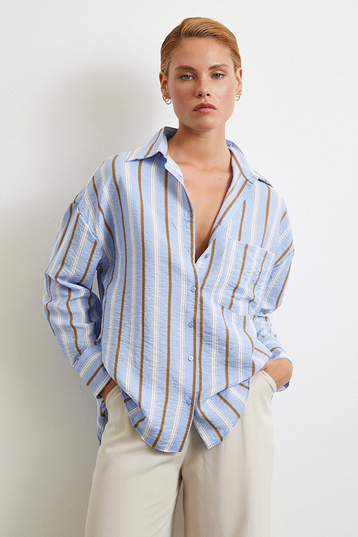 Kahve Çizgili Gömlek Mavi